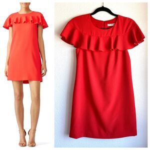 EUC Trina Turk Orange Splash Ruffle Neckline Short Sleeve Mini Dress Size 0